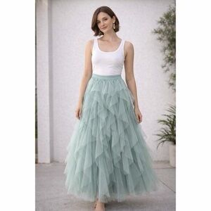 Soho Apparel Ethereal Sage Tiered Tulle Maxi Skirt XL